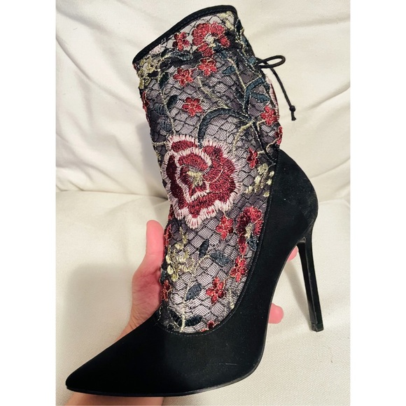 ZARA Black Floral Embroidery Sock Heels - Picture 11 of 14